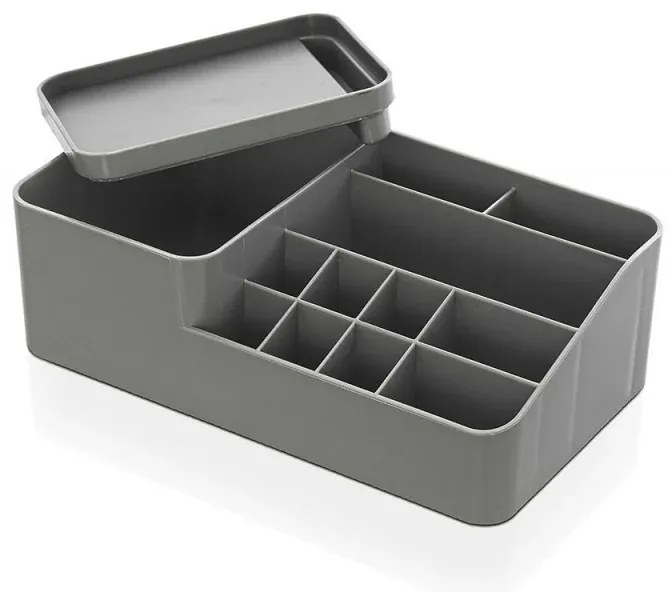 Organizzatore cosmetici e trucco grigio con box con coperchio e 11 scomparti