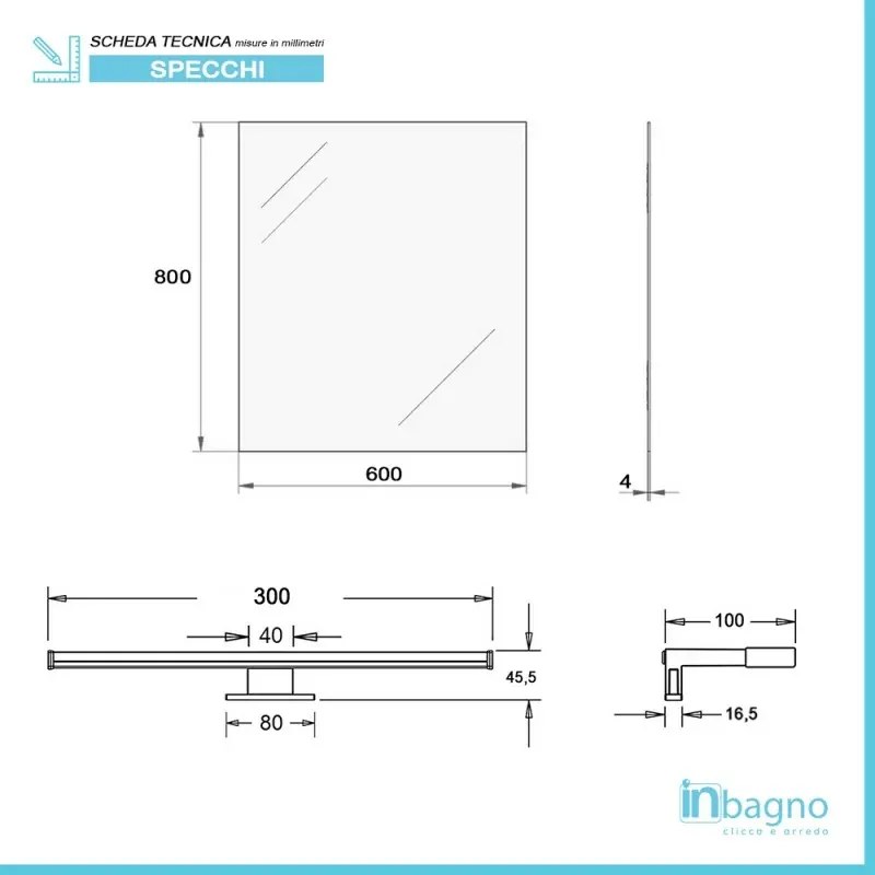 Specchio bagno 60x80 a filo reversibile con lampada naturale 30 cm