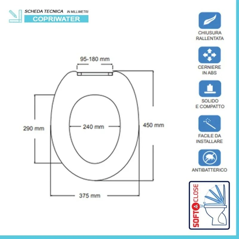 Sedile wc universale chiusura soft close bianco in polipropilene