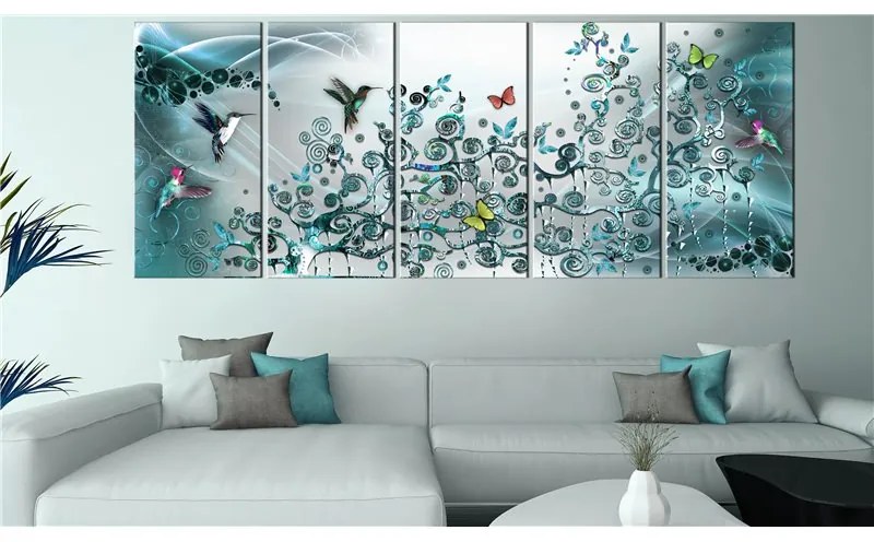 Quadro Hummingbirds Dance (5 Parts) Turquoise Narrow  Colore Bianco, Dimensioni e Misure 200x80