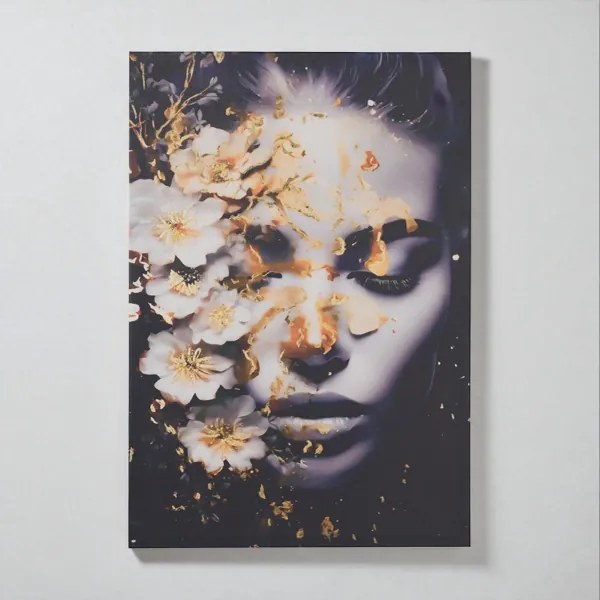 Quadro moderno verticale su tela 60x90 cm con ritratto di donna con fiori