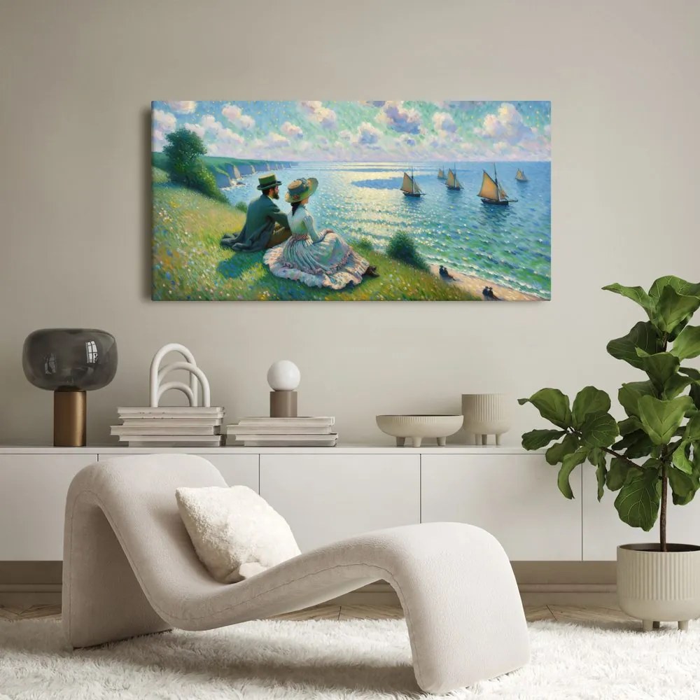 Quadro su tela – Coppia che osserva la barca a vela