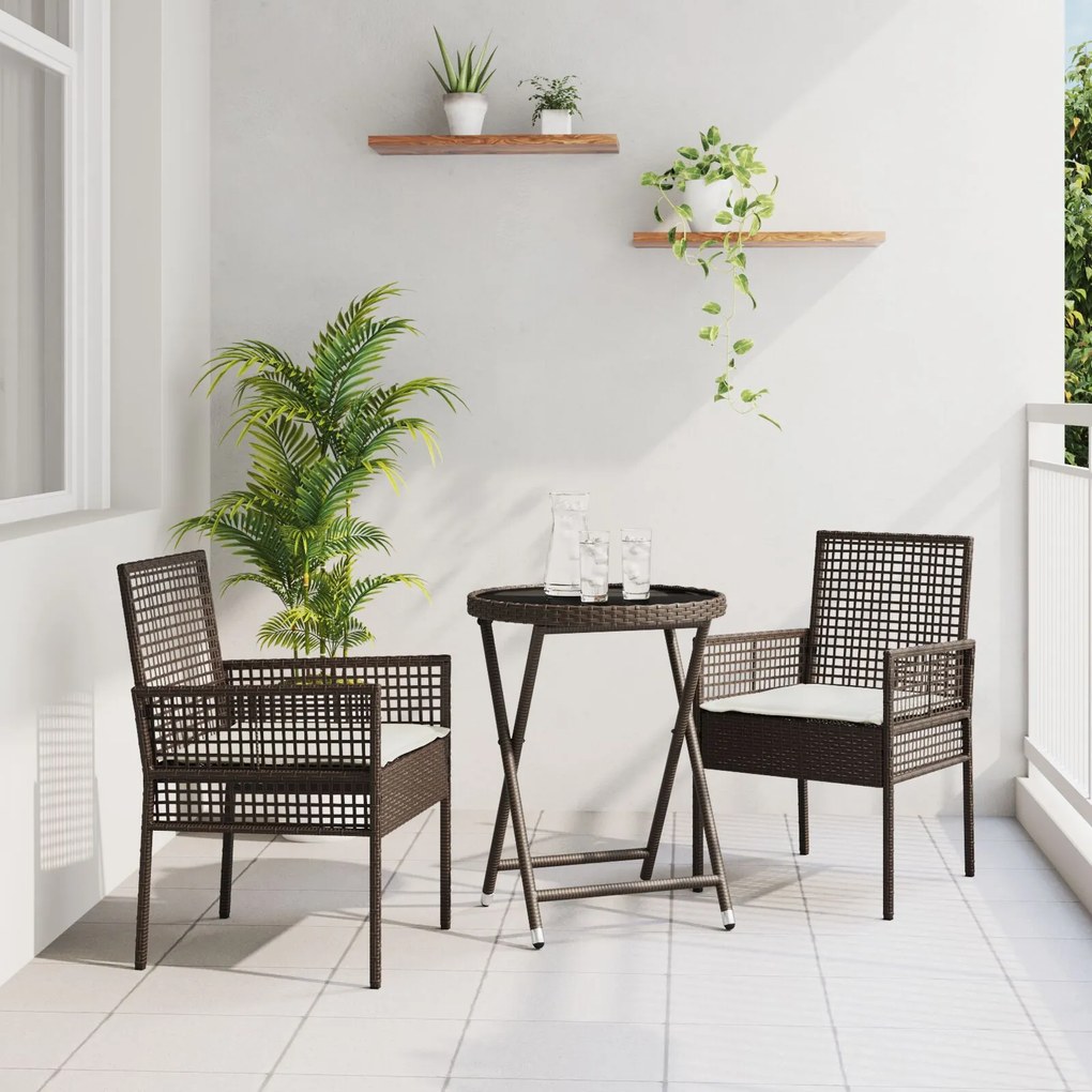 Set bistro da giardino 3 pezzi con cuscini marrone in polyrattan
