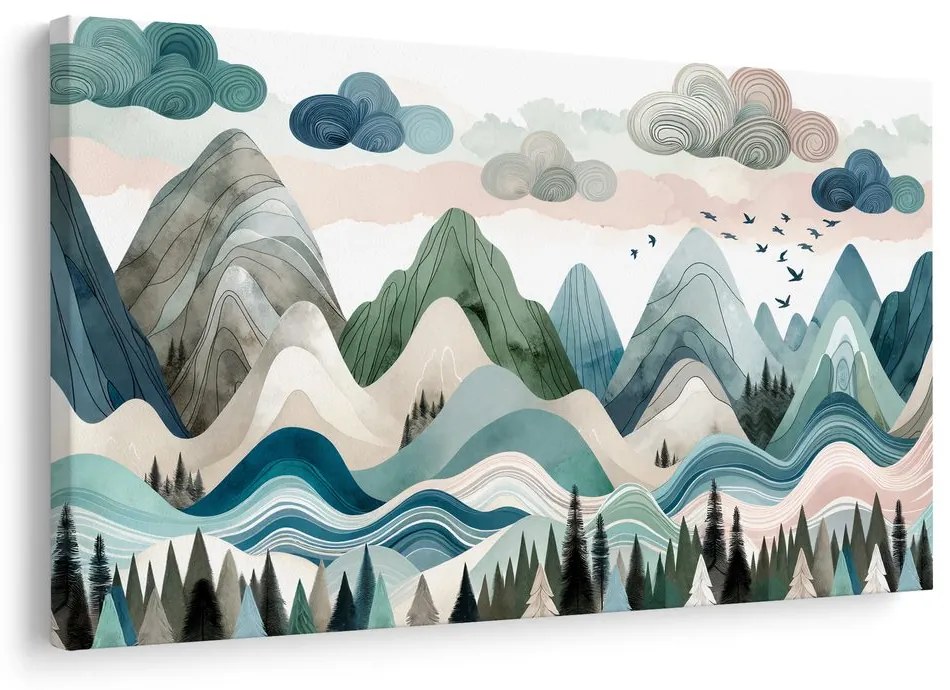 Quadro su tela – Paesaggio montano colorato con foresta