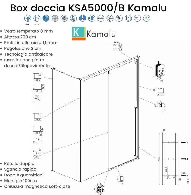 Kamalu - Cabina doccia 80x150 scorrevole e lato fisso vetro 8mm altezza h200 | KSA5000