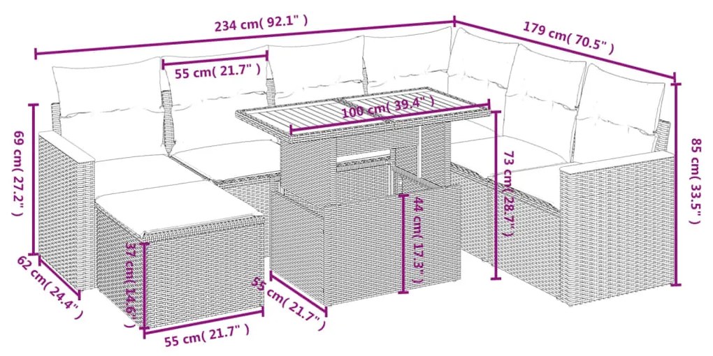 Set divani da giardino con cuscini 8 pz nero in polyrattan