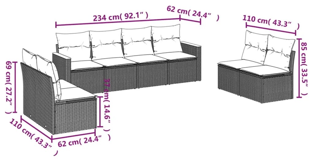 Set Divano da Giardino 8 pz con Cuscini Grigio in Polyrattan