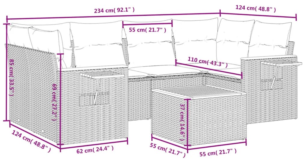 Set Divani da Giardino 7 pz con Cuscini Grigio in Polyrattan