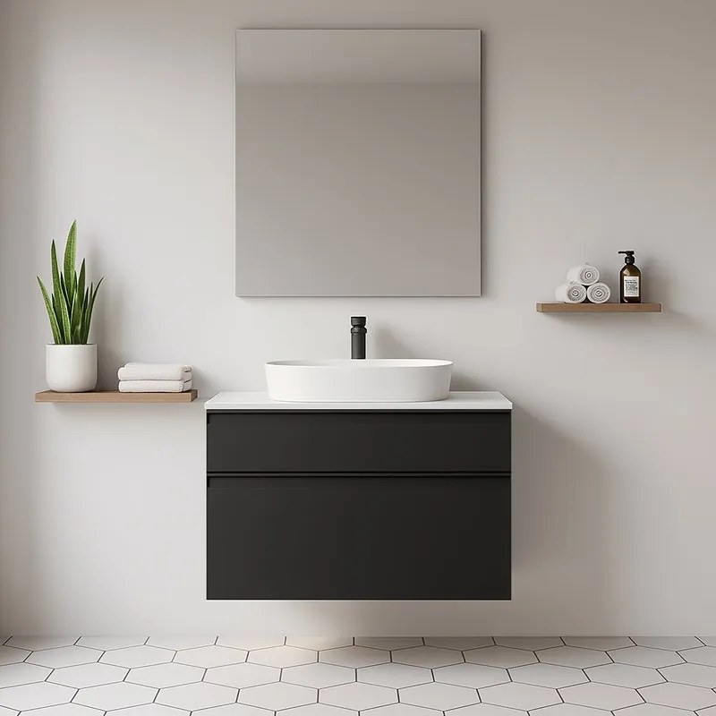 Mobile da bagno sospeso sotto lavabo L 79.5 x H 60 x P 45.5 cm antracite opaco, 2 cassetti Fusion