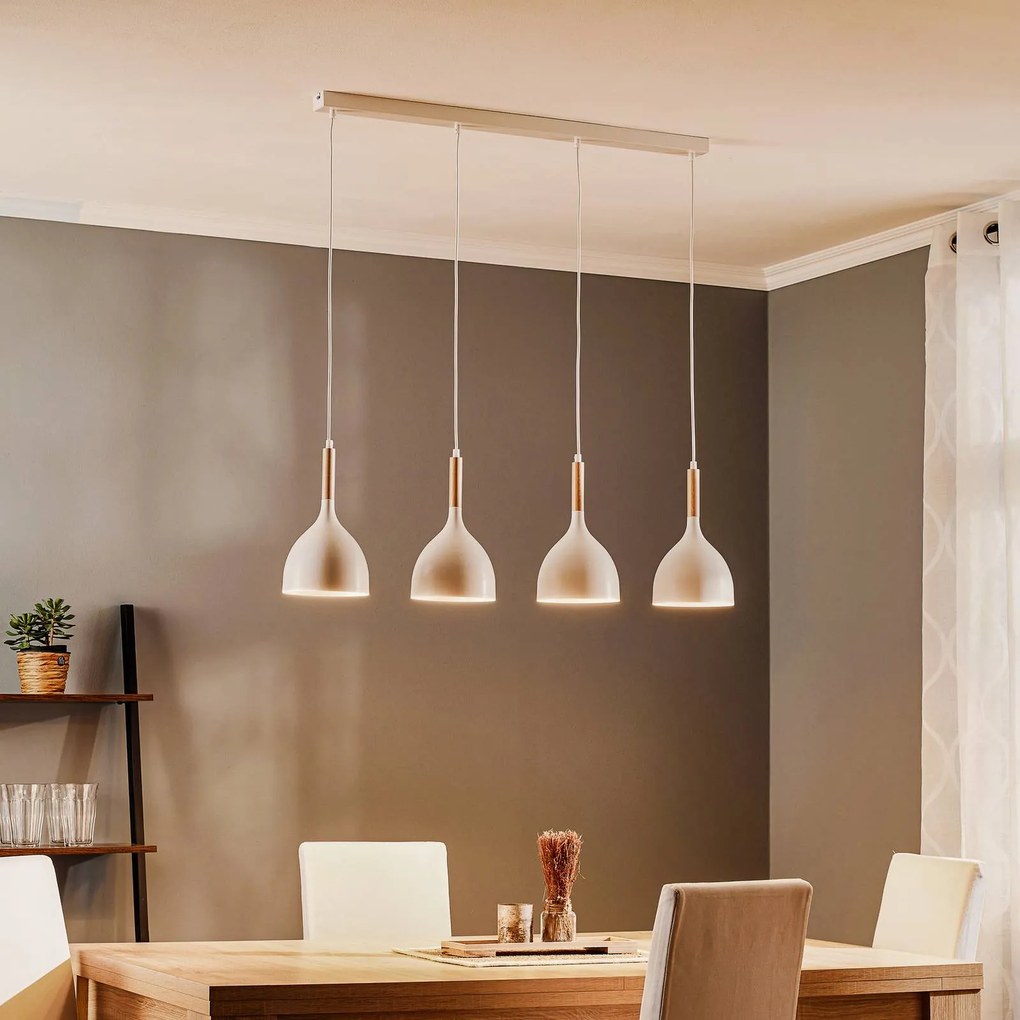 Luminex Lampada a sospensione Noak, bianco/legno naturale, a 4 luci lunga