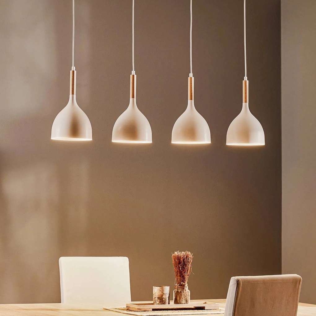 Luminex Lampada a sospensione Noak, bianco/legno naturale, a 4 luci lunga