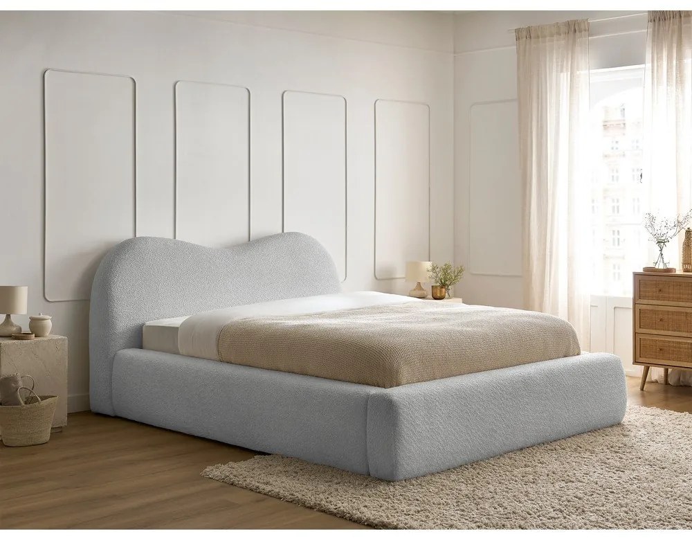 Letto matrimoniale in grigio chiaro imbottito con spazio contenitivo con rete inclusa 160x200 cm Orlane – Bobochic Paris