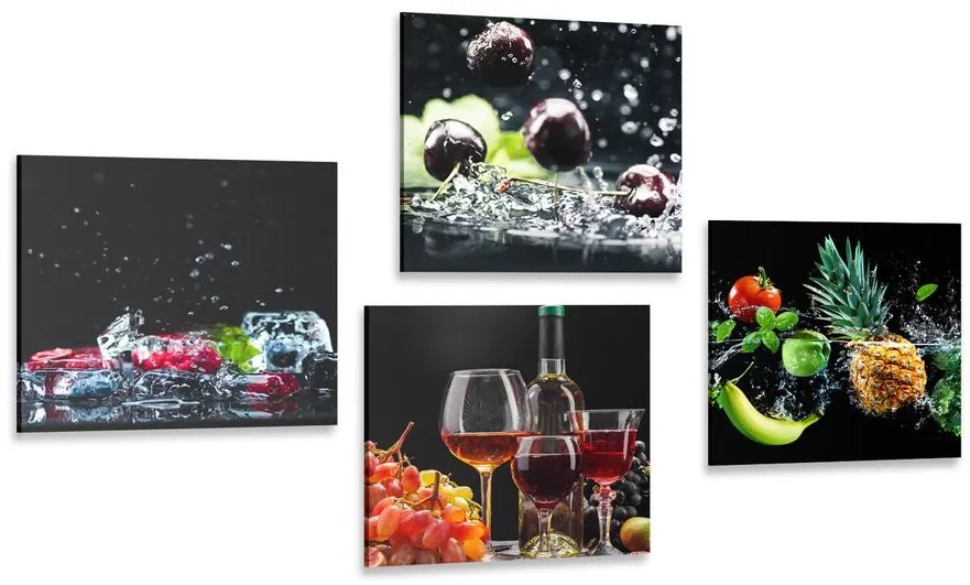 Set di quadri – Vino e pezzi di frutta su sfondo nero