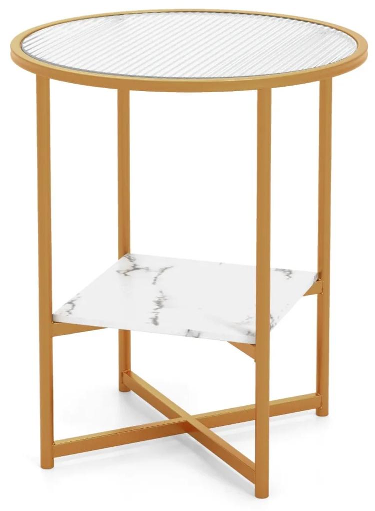 Costway Tavolino rotondo a 2 piani da 50 cm con ripiano effetto marmo, Tavolino da caffè con cornice in metallo dorato Bianco