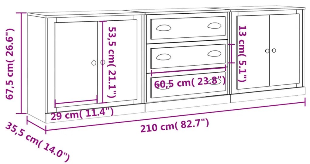 Credenze 3 pz Grigio Cemento in Legno Multistrato