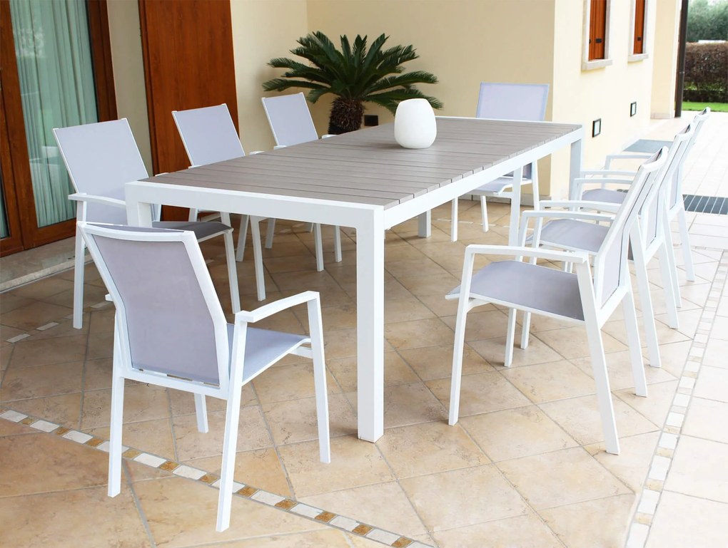 LOIS - set tavolo in alluminio cm 162/242 x 100 x 74 h con 8 poltrone Lotus