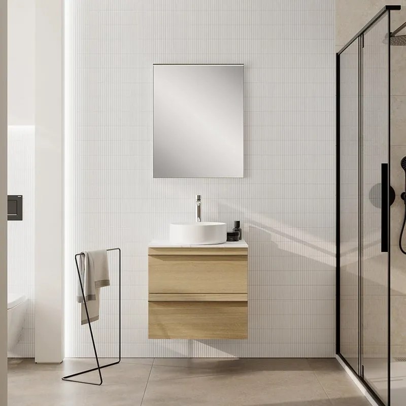 Mobile Linea L60 H55 P45 in laminato rovere natura  2 cassetti a chiusura ammortizzatae top gres calacatta