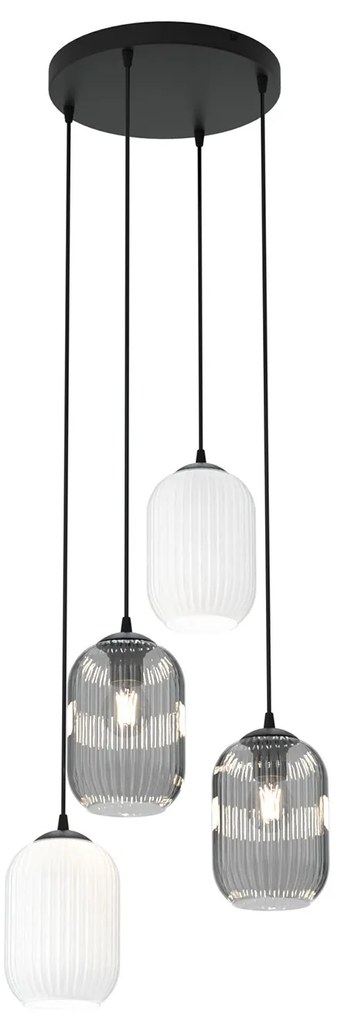Lampadario 4 Luci Selene Base Tonda Acciaio Nero Vetri Plissettati Bianco E Fumè