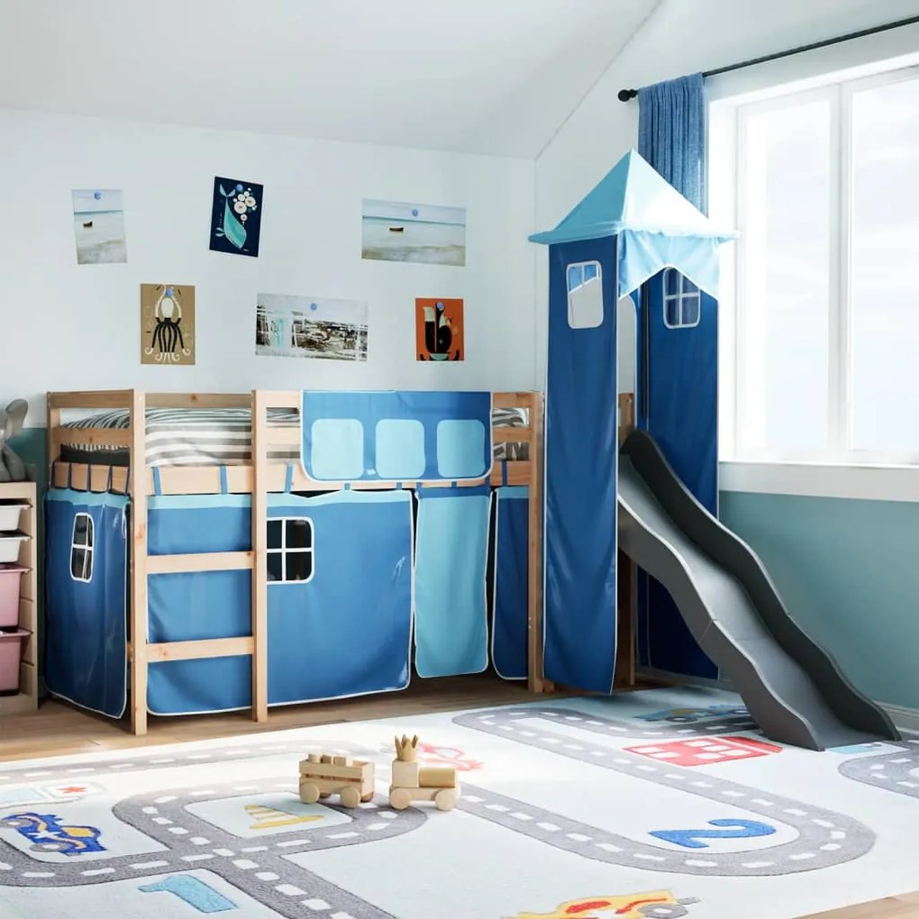 Letto A Soppalco Con Torre Bambini Blu 90x190cm Massello Pino /