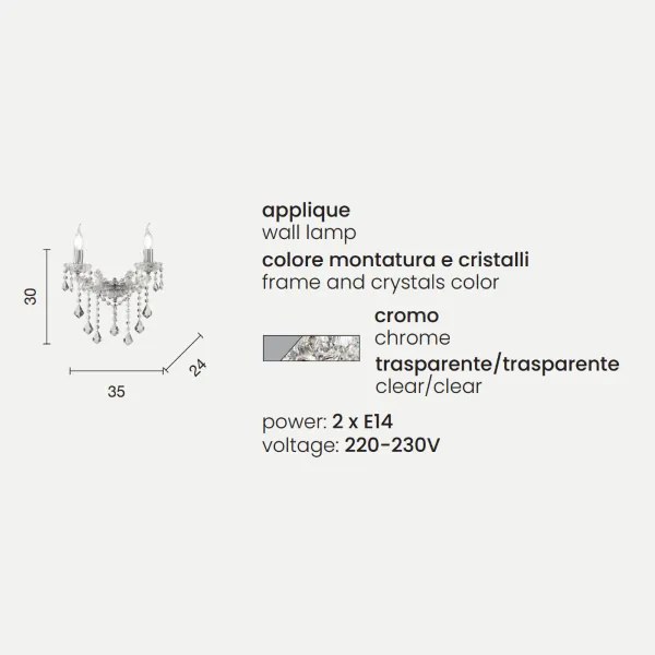 Applique DAMASCO 35x24 cm a 2 luci con decorazioni in cristallo Cromo