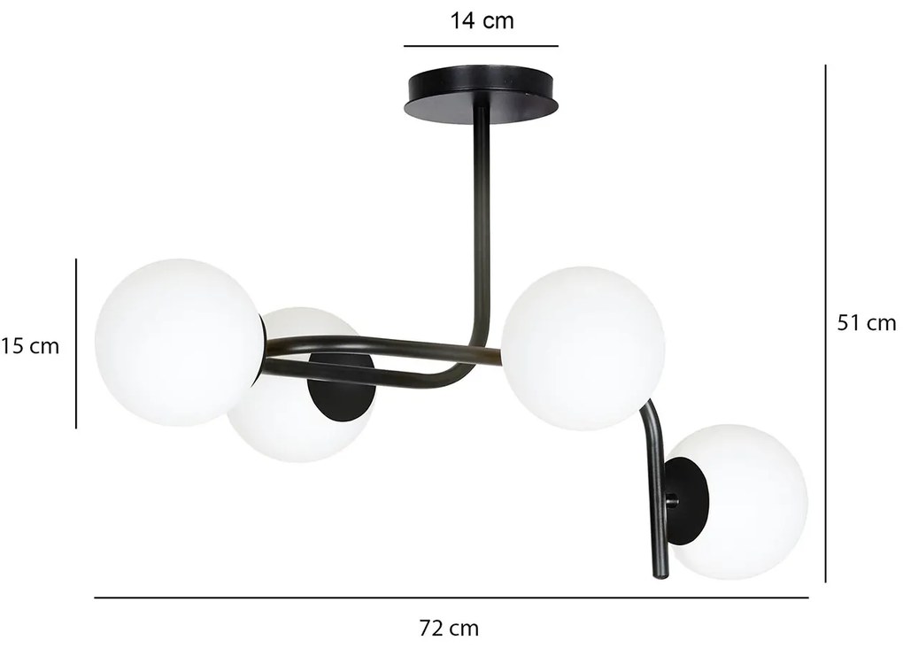 Lampadario 4 Luci Rama In Acciaio Nero A Bracci Curvi E Sfere In Vetro Opalino