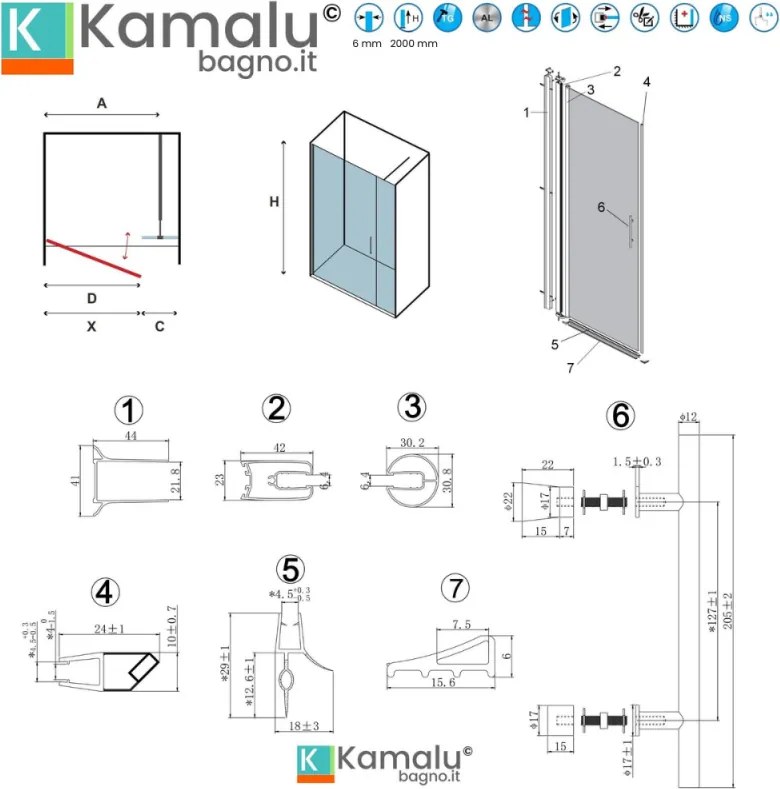 Kamalu - Porta doccia nicchia 175cm battente e fisso | KS5000