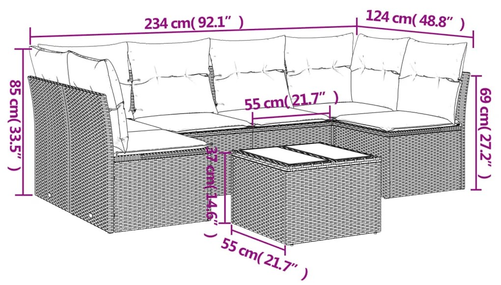 Set divani da giardino 7pz con cuscini grigio chiaro polyrattan