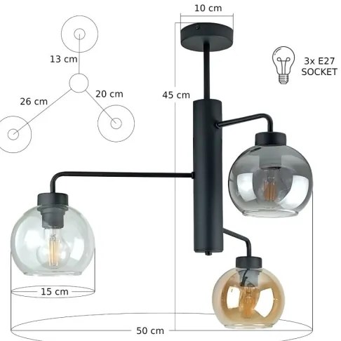 Lampadario a sospensione con supporto rigido FLEX 3xE27/60W/230V nero/fumé nero/fumé beige/limpido