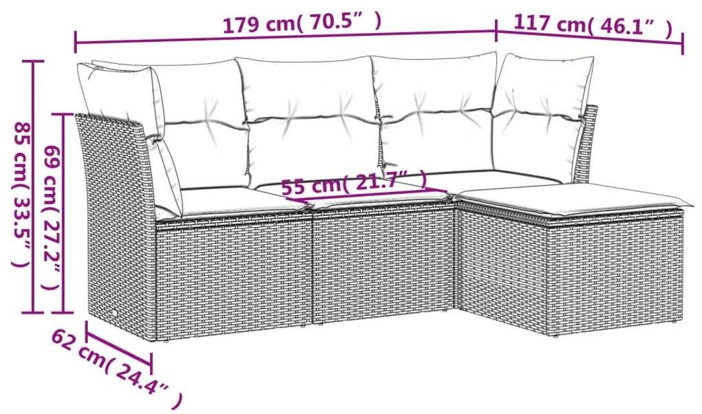 Set divano da giardino 4pz con cuscini grigio chiaro polyrattan