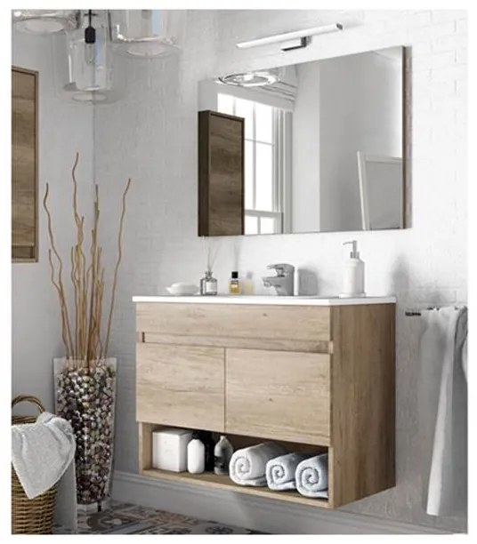 Mobile bagno sospeso 80 cm con lavabo e specchio rovere - Dakota 96250