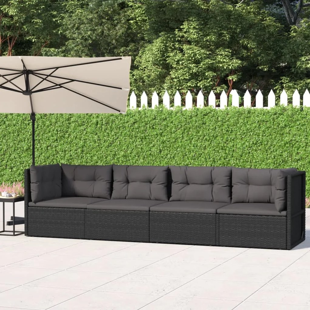 Set divani da giardino 4 pz con cuscini nero in polyrattan