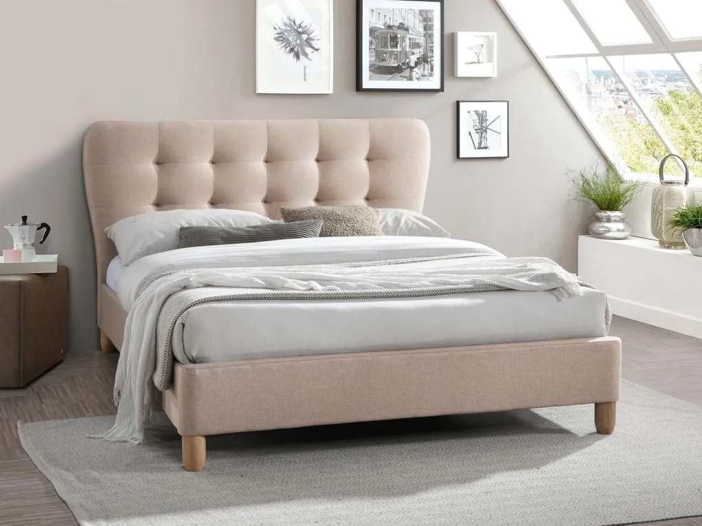Letto matrimoniale alla francese 140 x 190 cm - con testiera capitonné - Tessuto - Beige - ELIDE