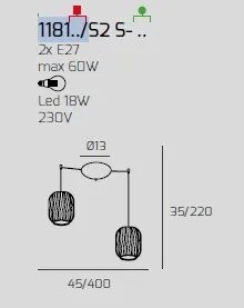 Sospensione ottone satinato 2 luci spostabile vetri tr + bf 1181os-...