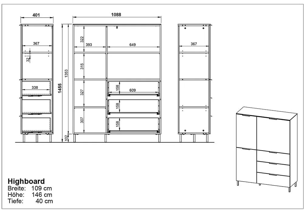 Cassettiera alta grigia in rovere 109x146 cm California - Germania