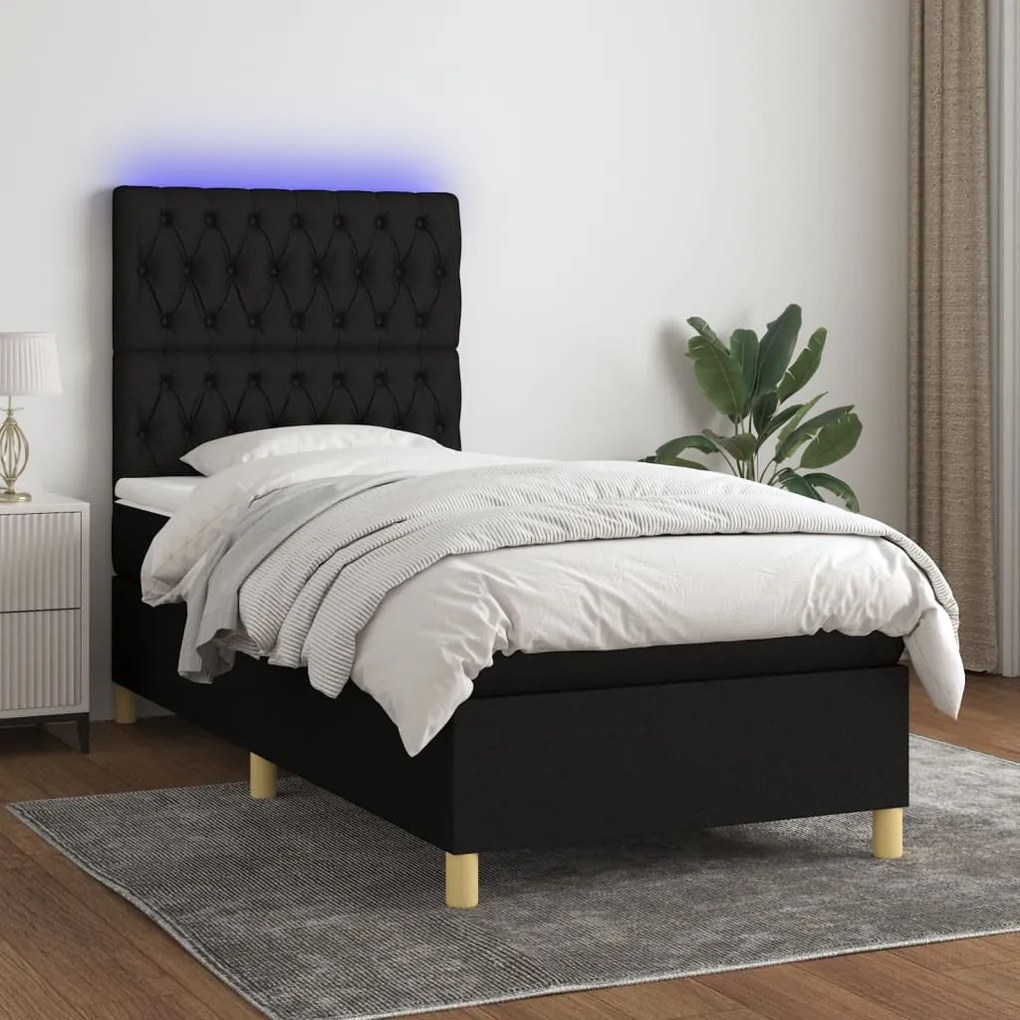 Letto a molle con materasso e led nero 100x200 cm in tessuto