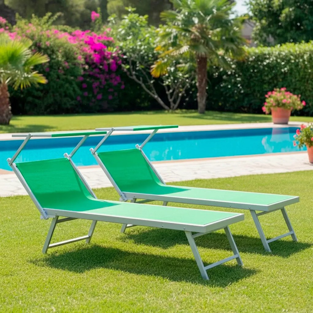 Coppia Di Lettini Verde Prendisole Pieghevole Professionale In Alluminio Tettuccio Orientabile Tettino Parasole Sdraio Lettino Prendi Sole Mare Spiaggia Piscina Giardino 182 x 60 x 38 cm