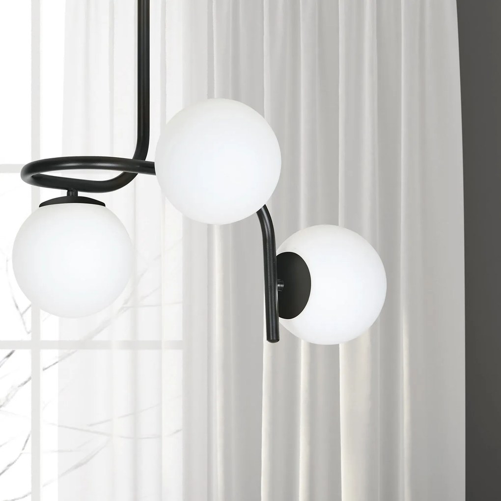 Lampadario 3 Luci Rama In Acciaio Nero A Bracci E Sfere In Vetro Opalino