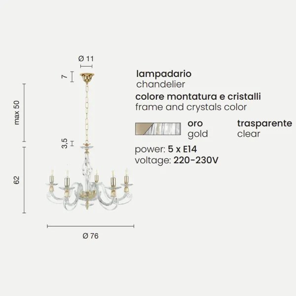 Lampadario a sospensione 1306 in vetro soffiato D76 cm lavorato a mano 5 luci ORO