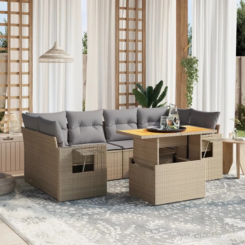 Set divani da giardino 7 pz con cuscini beige in polyrattan