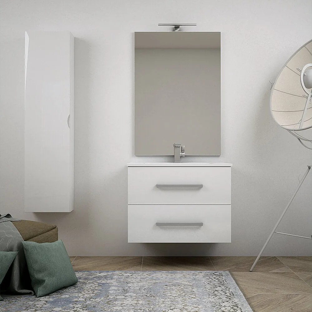 Mobile bagno sospeso bianco lucido 75 cm Mosca con specchio filo lucido e colonna da 140 cm