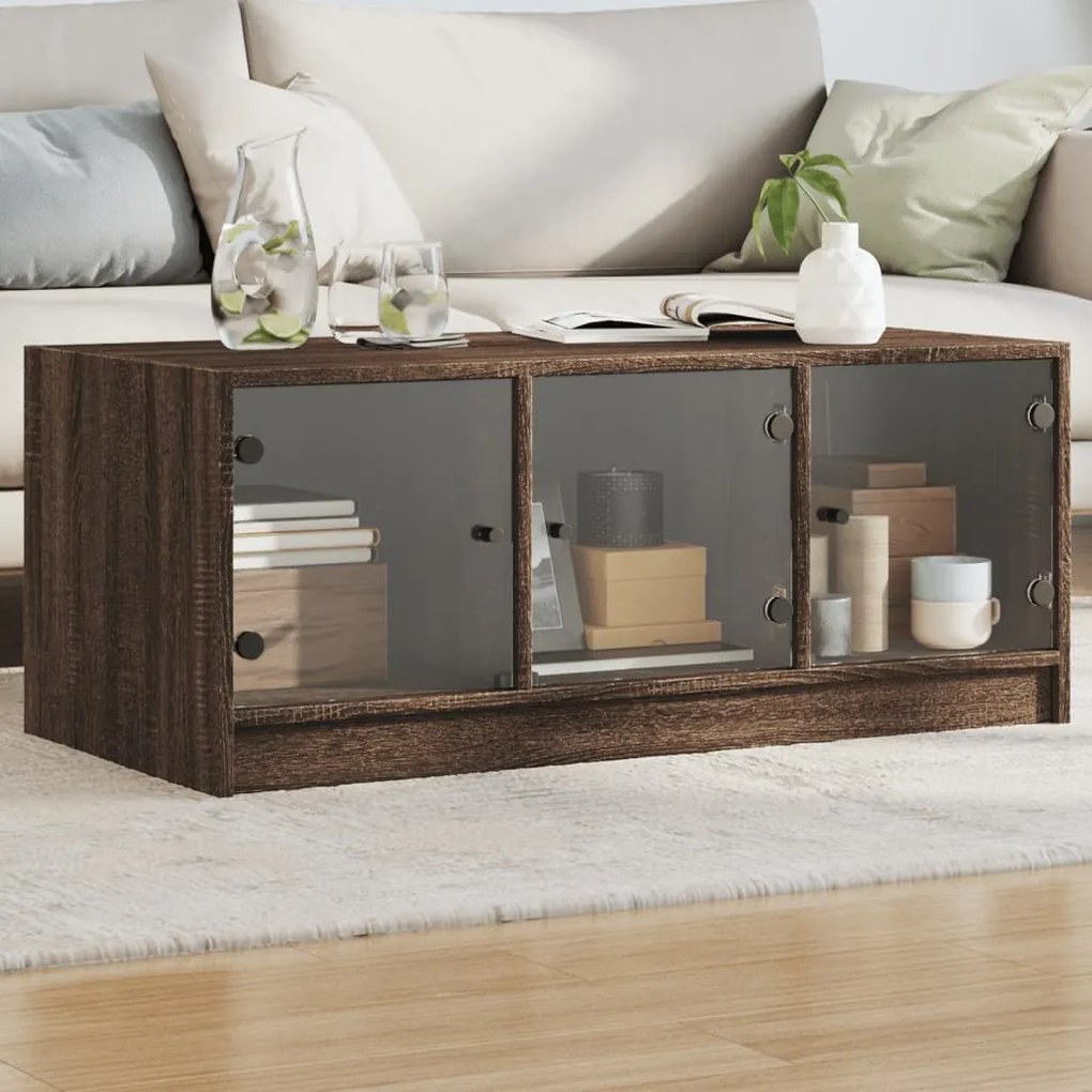 Tavolino Salotto Con Ante İn Vetro Rovere Marrone 102x50x42 Cm /