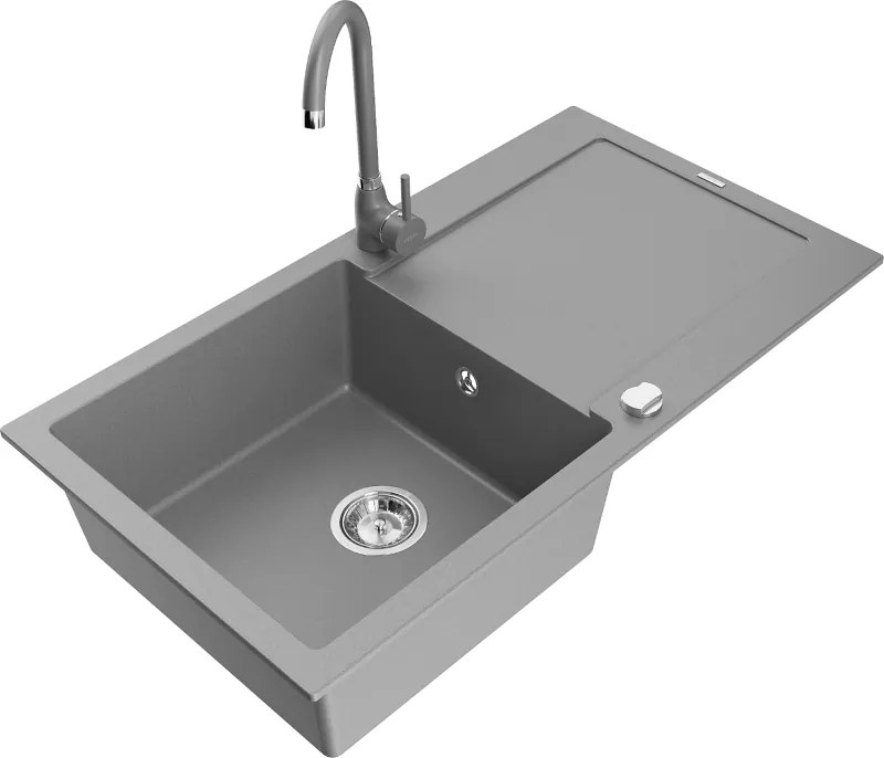 Mexen Leo lavello in granito a 1 vasca con sgocciolatoio e rubinetto da cucina Telma, grigio - 6501-71-670200-71
