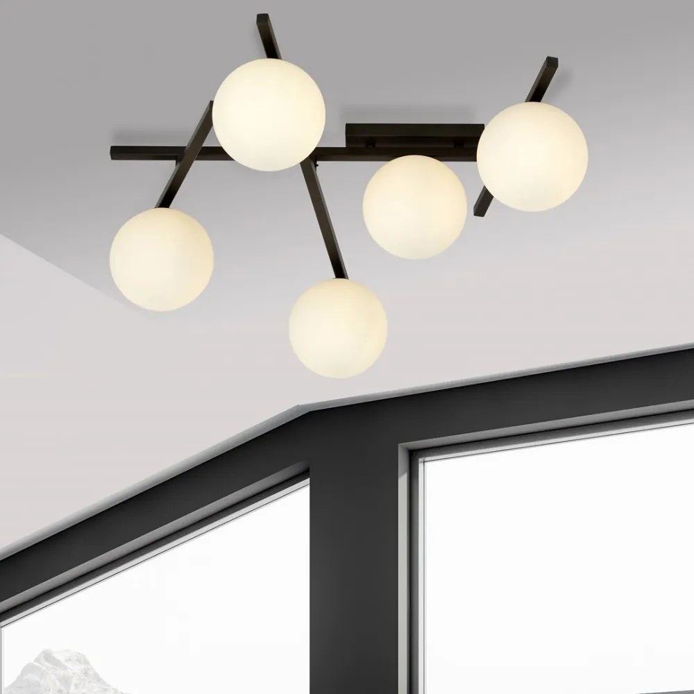 Lampadario da Soffitto in Acciaio e Vetro SMART 5 Nero 5xE14 Colore delle Sfere Bianco