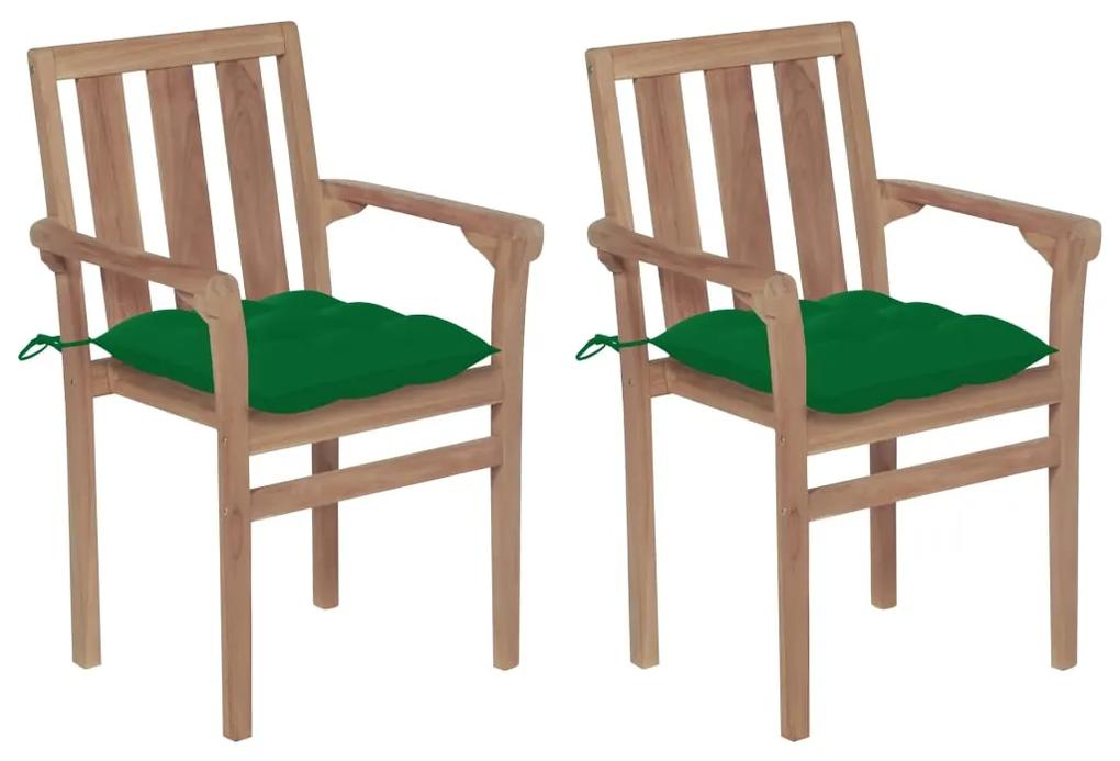 Sedie da giardino 2 pz con cuscini verdi in massello di teak