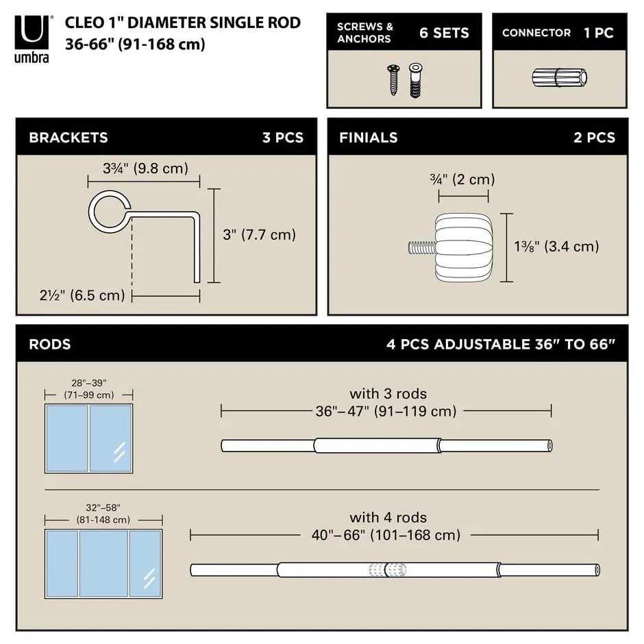 Bastone per tende nero opaco in acciaio regolabile 91 - 168 cm Cleo – Umbra