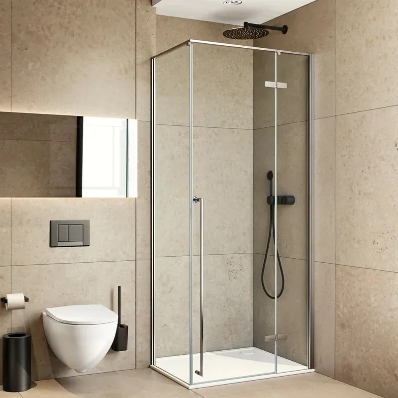 Box doccia angolare 80x100 con porta battente cristallo trasparente e profili cromati Nylo