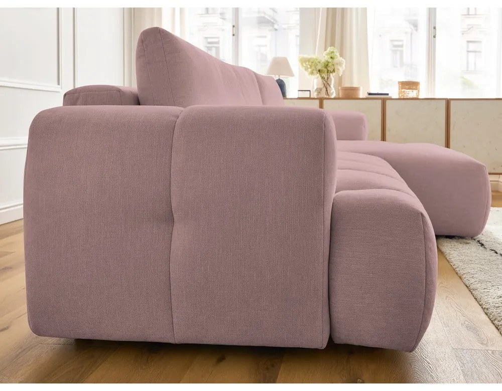 Divano angolare rosa allungabile e con contenitore (penisola a destra/chaise lounge) con rivestimento in ciniglia Fuji – Bobochic Paris