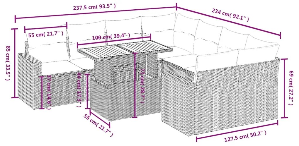 Set divano da giardino 9 pz con cuscini beige in polyrattan