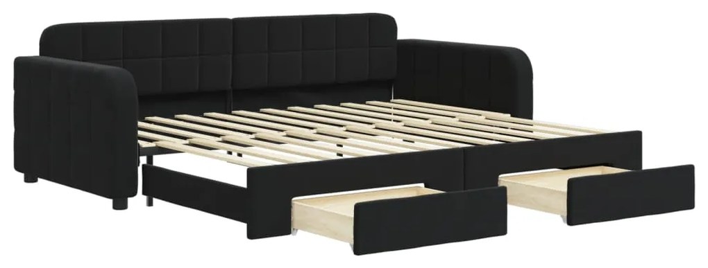 Divano letto estraibile con cassetti nero 90x200 cm in velluto