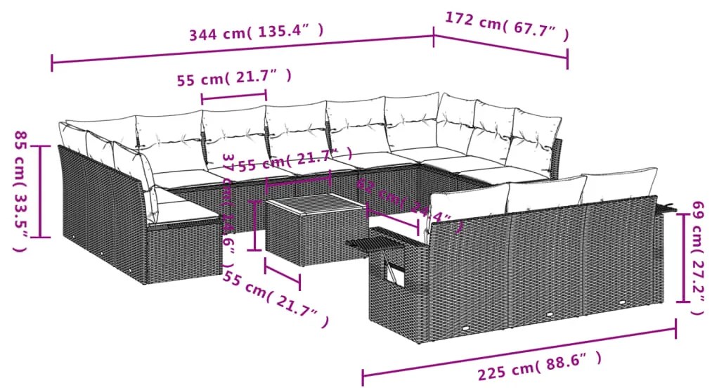 Set Divano da Giardino 14 pz con Cuscini Beige Misto Polyrattan